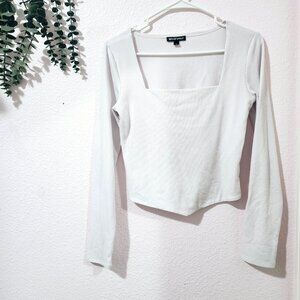Women's Long Sleeve White Square Neck Top Ribbed Wearever Brand Size M
